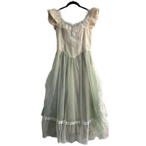 Vintage You Babes II Green Floral Ruffle Lace Sheer Dress Tulle Lined Coquette